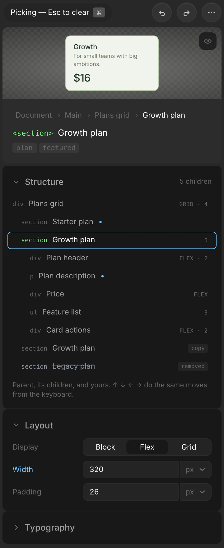 Concept A: a Structure card listing the parent, siblings and children of the selected element