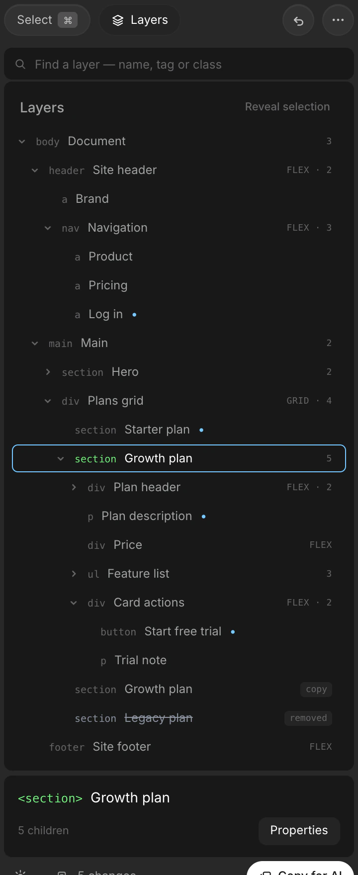 Concept B: a Layers view with a search field and a full tree of the page