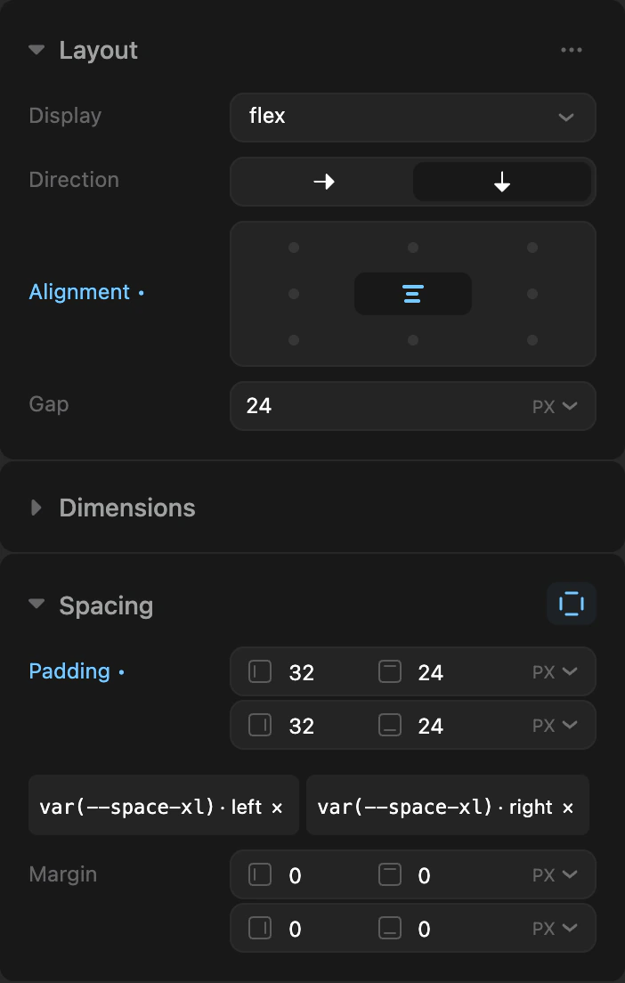 Layout and Spacing groups: display, direction, a 3×3 alignment pad, gap, and per-side padding with accepted design tokens