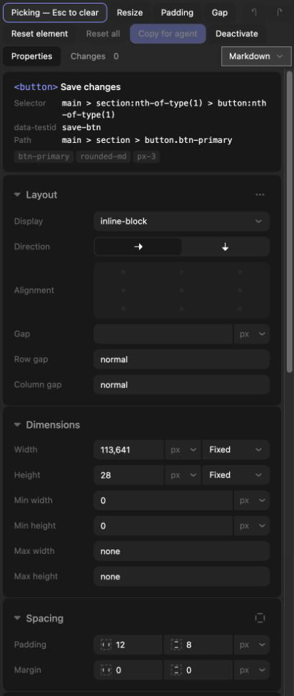 An early version of the panel with a toolbar of text buttons, a Properties and Changes tab row and the selector printed in full